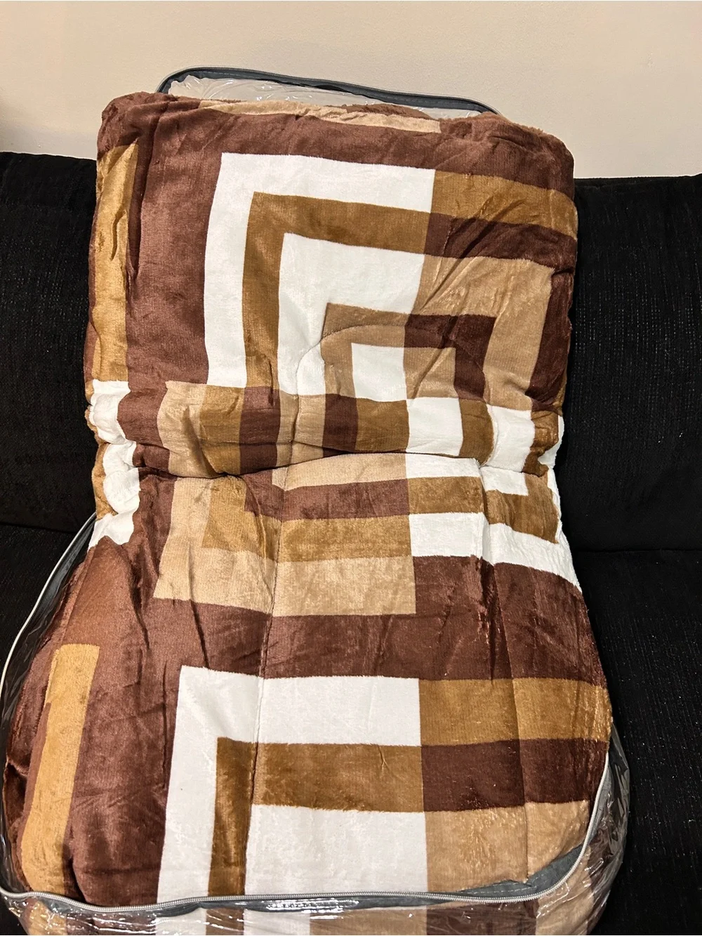 Flannel Borrego Blanket Set - Brown Plaid, 6pc